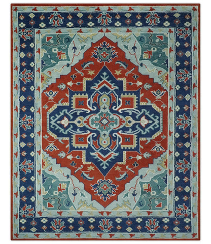Custom Made Rust, Blue and Silver hand knotted Traditional Heriz wool area rug.