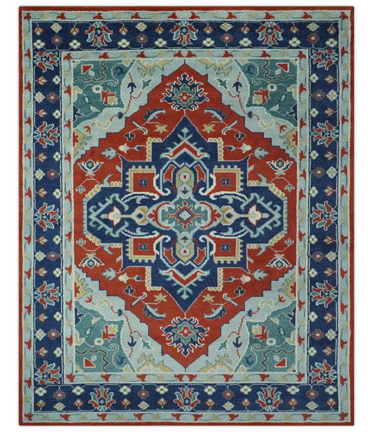 Custom Made Rust, Blue and Silver hand knotted Traditional Heriz wool area rug.