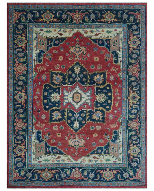 Custom Made Traditional Heriz Red And Blue Hand Knotted Wool Rug.