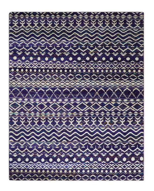 Hand Knotted Blue and White Modern Contemporary Southwestern Tribal Trellis Recycled Silk Area Rug | OP6.