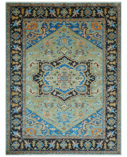 Custom Made Green And Blue Traditional Heriz Hand Knotted Wool Rug.