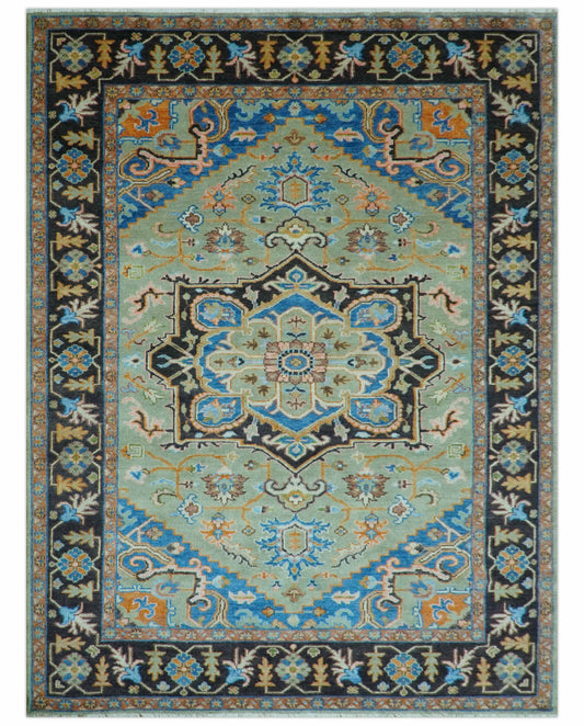 Custom Made Green And Blue Traditional Heriz Hand Knotted Wool Rug.