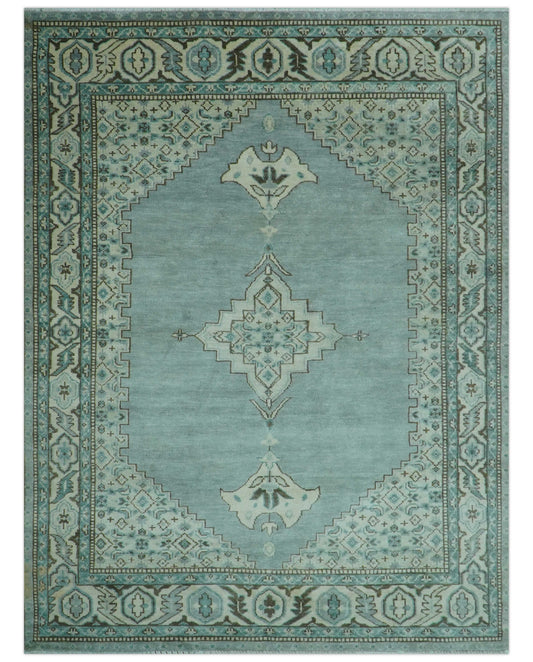Custom Made Blue And Gray Traditional Medallion Hand Knotted Wool Rug.