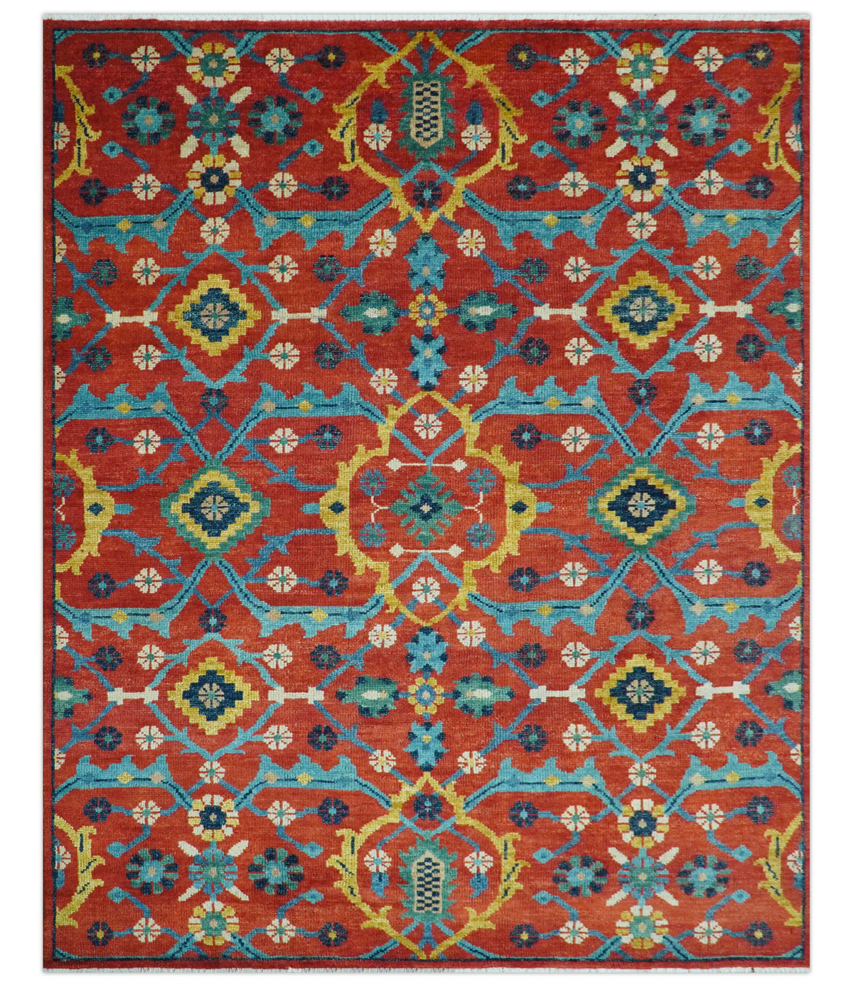 Custom Made Red And Blue Traditional Floral Motifs Hand Knotted Wool Rug.
