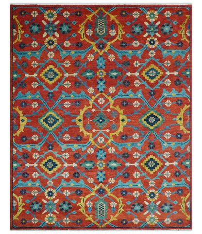 Custom Made Red And Blue Traditional Floral Motifs Hand Knotted Wool Rug.