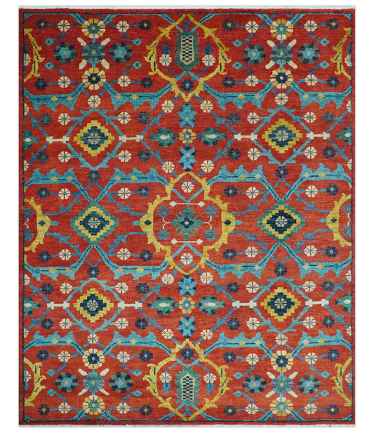 Custom Made Red And Blue Traditional Floral Motifs Hand Knotted Wool Rug.