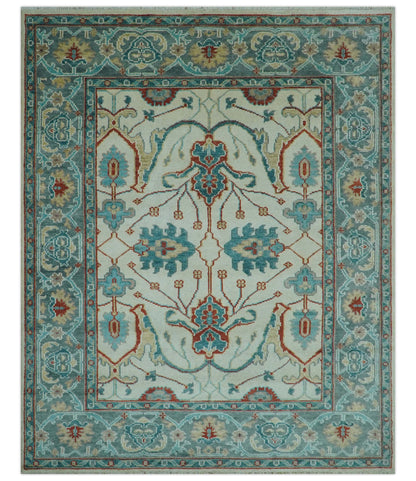 Custom Made Traditional Oriental Oushak Ivory And Blue Hand Knotted Wool Rug.