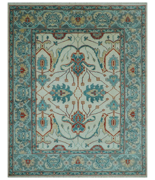 Custom Made Traditional Oriental Oushak Ivory And Blue Hand Knotted Wool Rug.