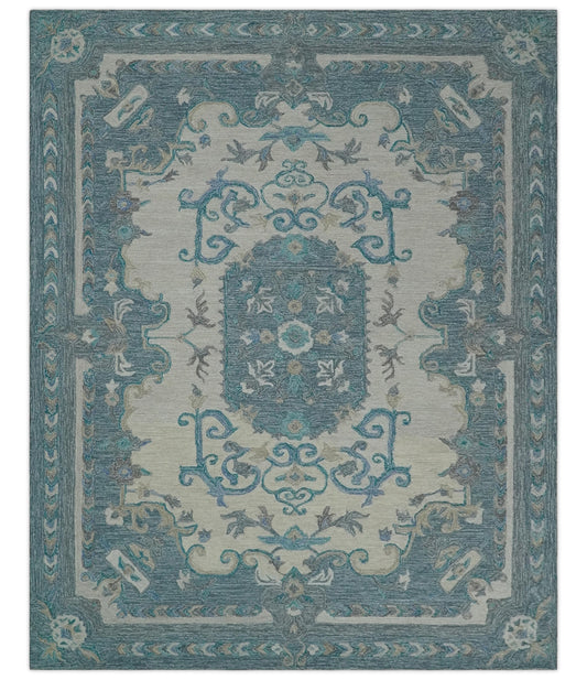 French Design Aubusson Custom Made Ivory and Blue Hand Tufted Wool Area Rug.