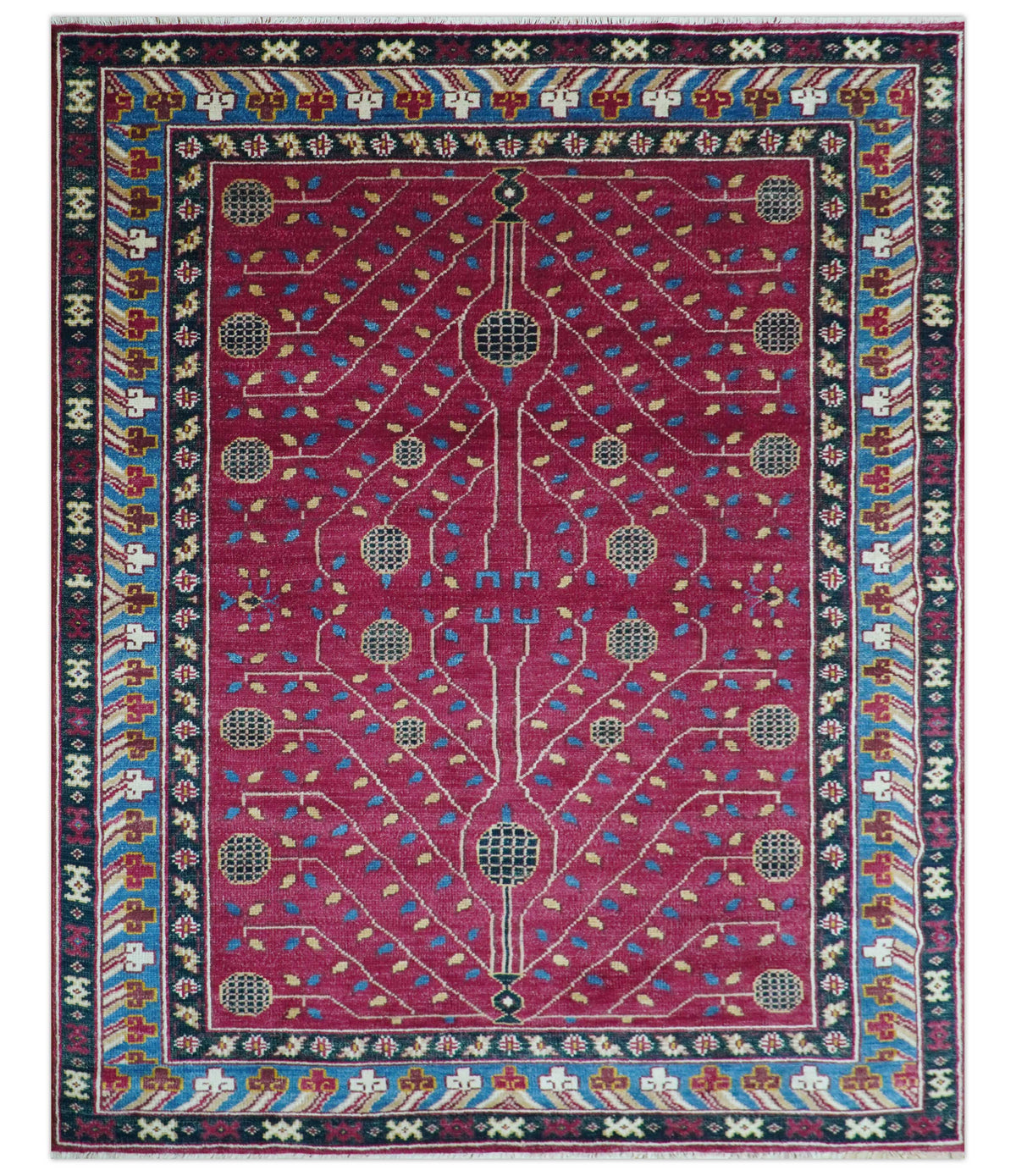 Custom Made Traditional Tribal Design Red And Blue Hand Knotted Wool Rug.