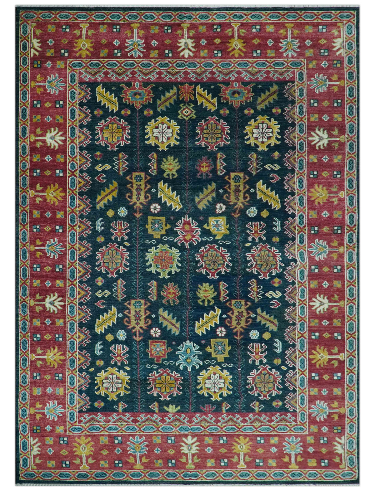 Custom Made Blue And Red Traditional Tribal Design Hand Knotted Wool Rug.