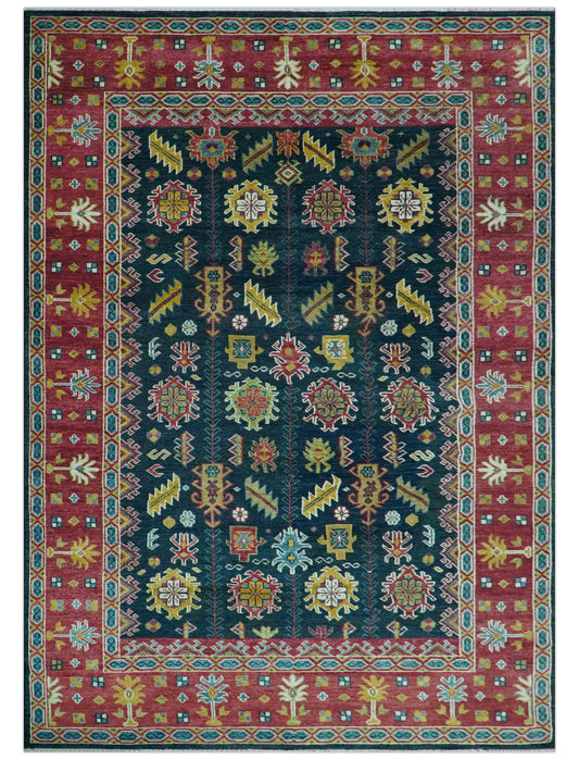 Custom Made Blue And Red Traditional Tribal Design Hand Knotted Wool Rug.