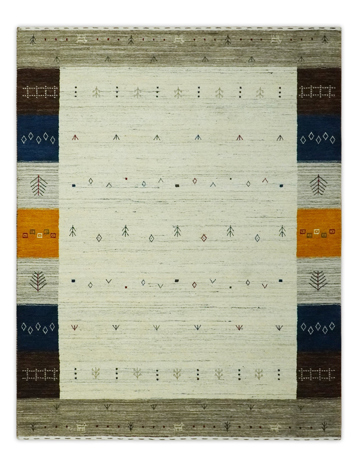 Ivory, Olive, Blue and Charcoal Handloom Tribal Gabbeh Multi Size wool Area Rug.