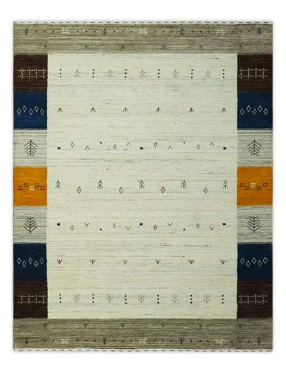Ivory, Olive, Blue and Charcoal Handloom Tribal Gabbeh Multi Size wool Area Rug.
