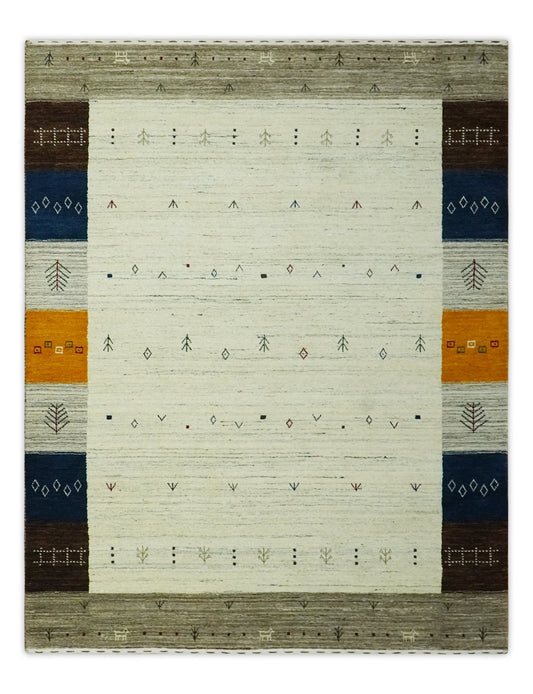 Ivory, Olive, Blue and Charcoal Handloom Tribal Gabbeh Multi Size wool Area Rug.