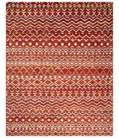 4x6 and 8x10 Hand Knotted Rust, Gold and White Modern Contemporary Southwestern Tribal Trellis Recycled Silk Area Rug.