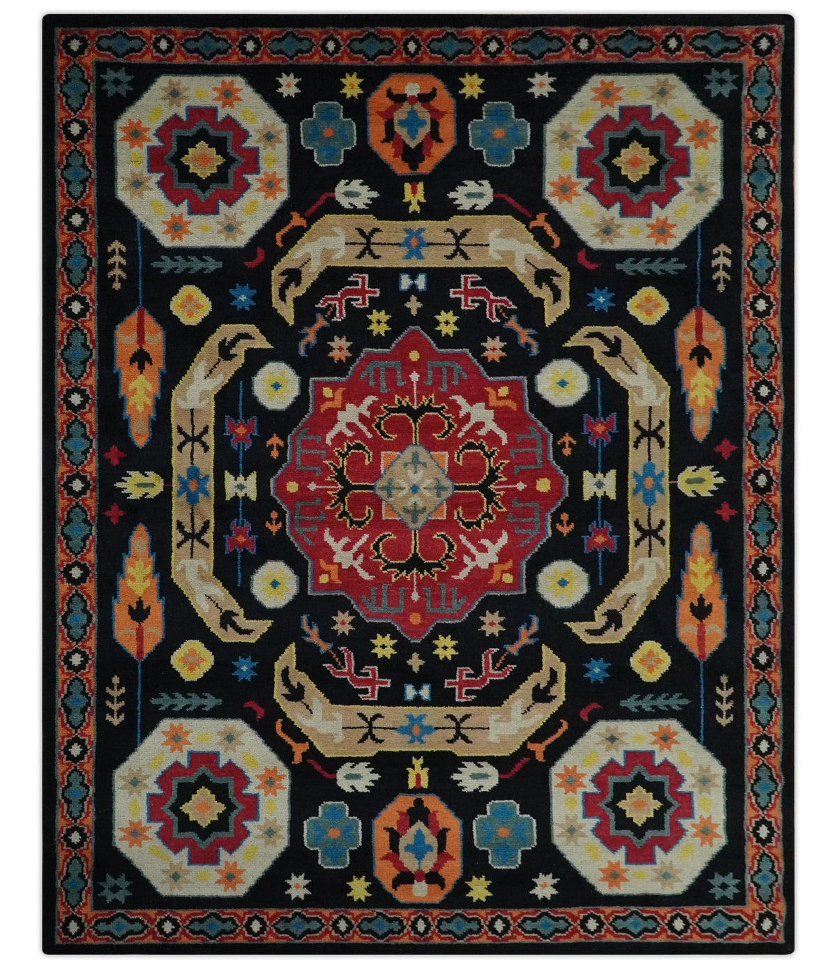 Custom Made Colorful Black, Maroon and Beige Traditional Mamluk Design wool Rug.