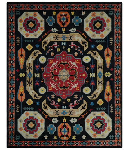 Custom Made Colorful Black, Maroon and Beige Traditional Mamluk Design wool Rug.
