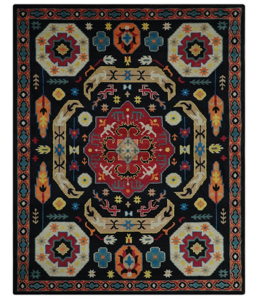 Custom Made Colorful Black, Maroon and Beige Traditional Mamluk Design wool Rug.