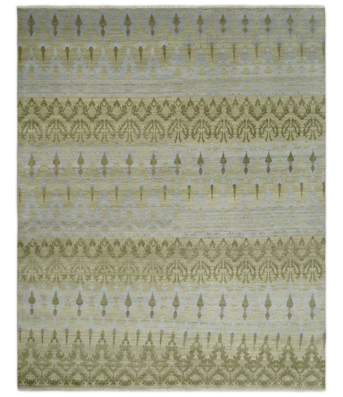 Fine Green 8x10 Hand Knotted Beige, Olive and Silver Traditional Wool Rug.