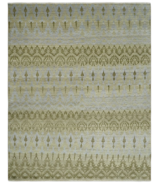 Fine Green 8x10 Hand Knotted Beige, Olive and Silver Traditional Wool Rug.