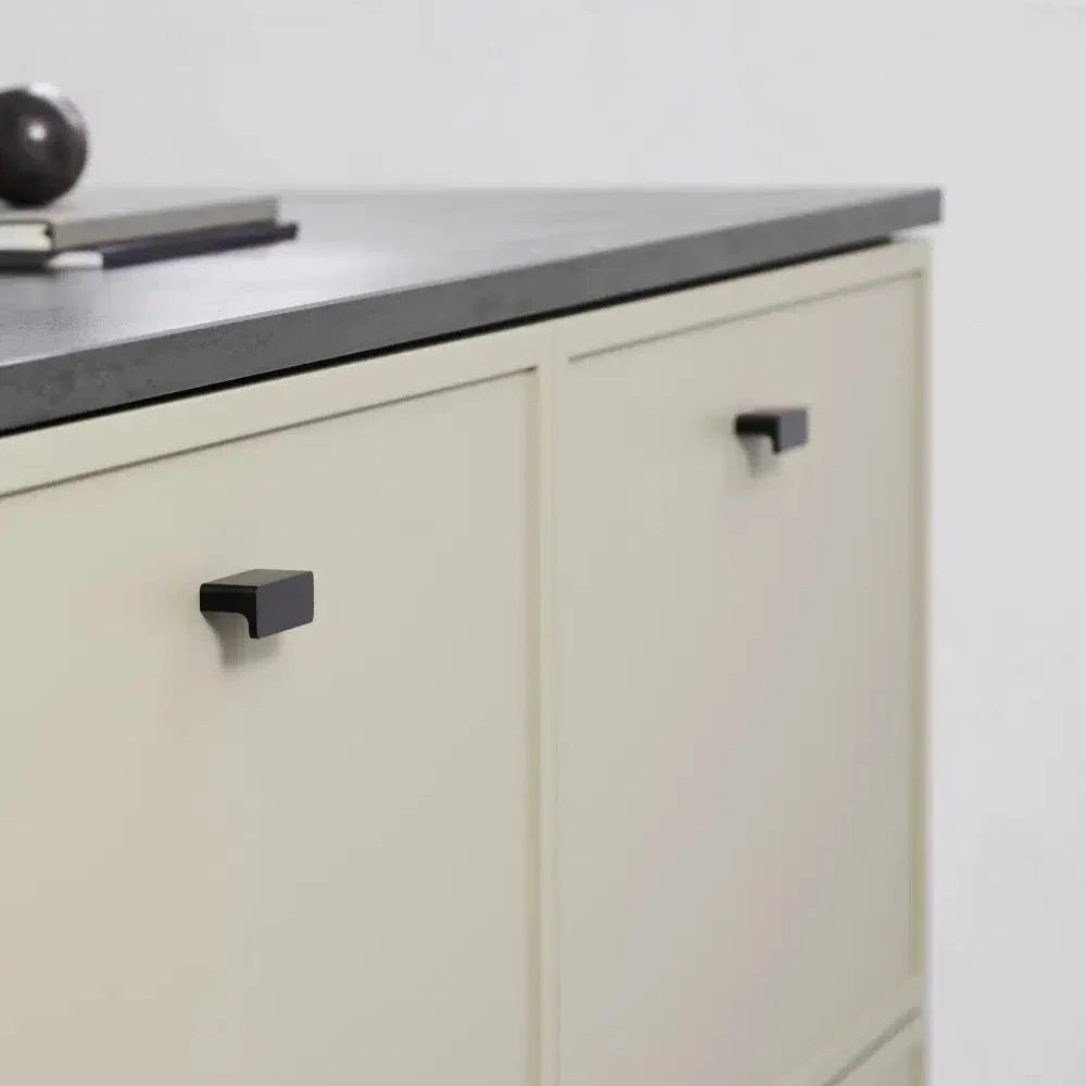 Brushed Matte Black "Elan" Knob and Drawer Pulls.