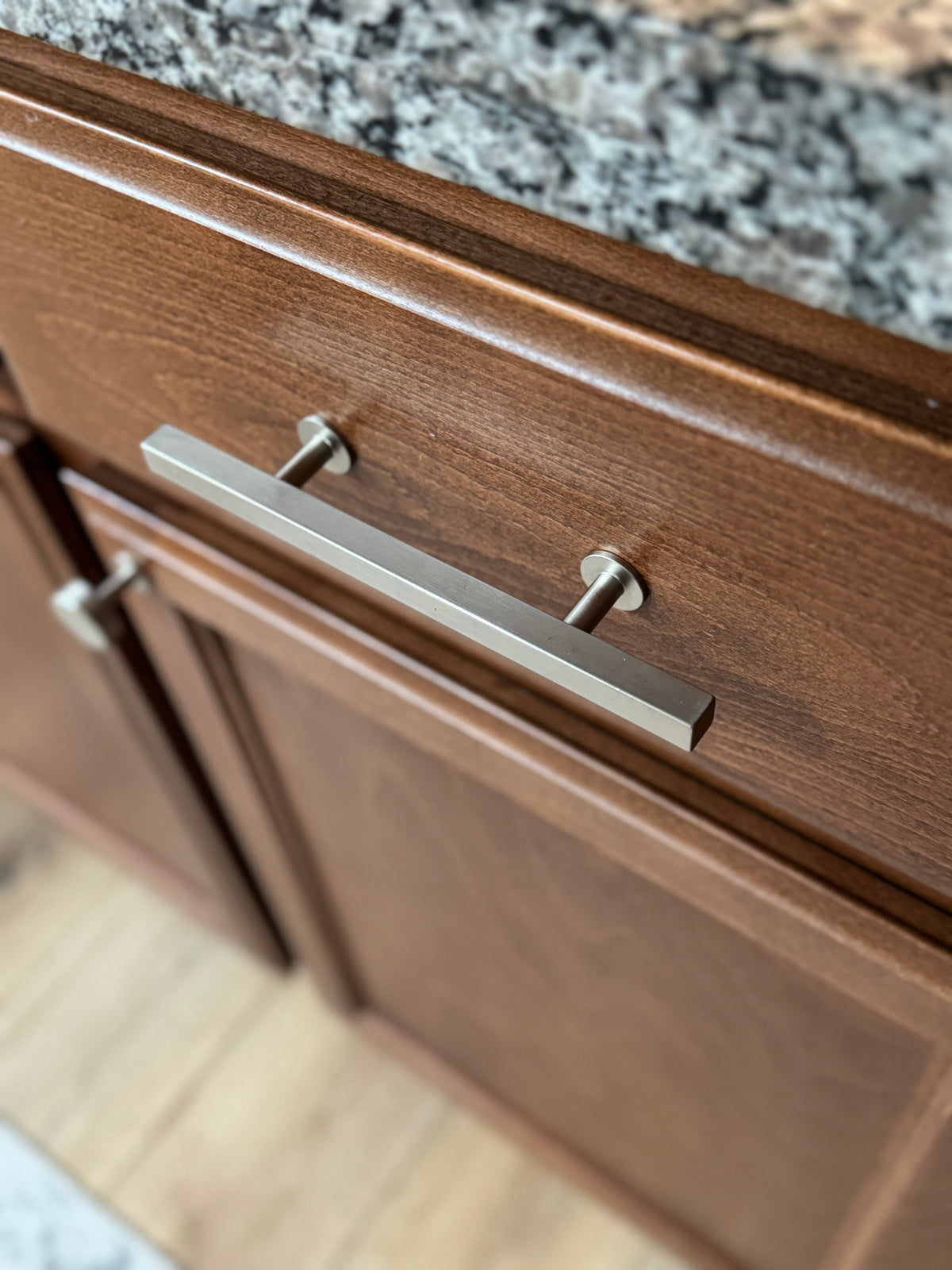 Lew's Square Bar Cabinet Knobs and Pulls in Brushed Nickel.