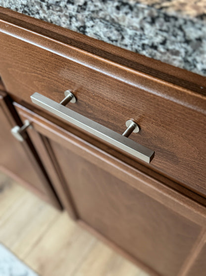 Lew's Square Bar Cabinet Knobs and Pulls in Brushed Nickel.