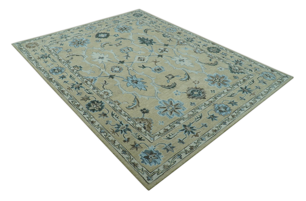 Custom Made Beige, Ivory and Blue Hand Tufted Floral Oriental Oushak wool area rug.