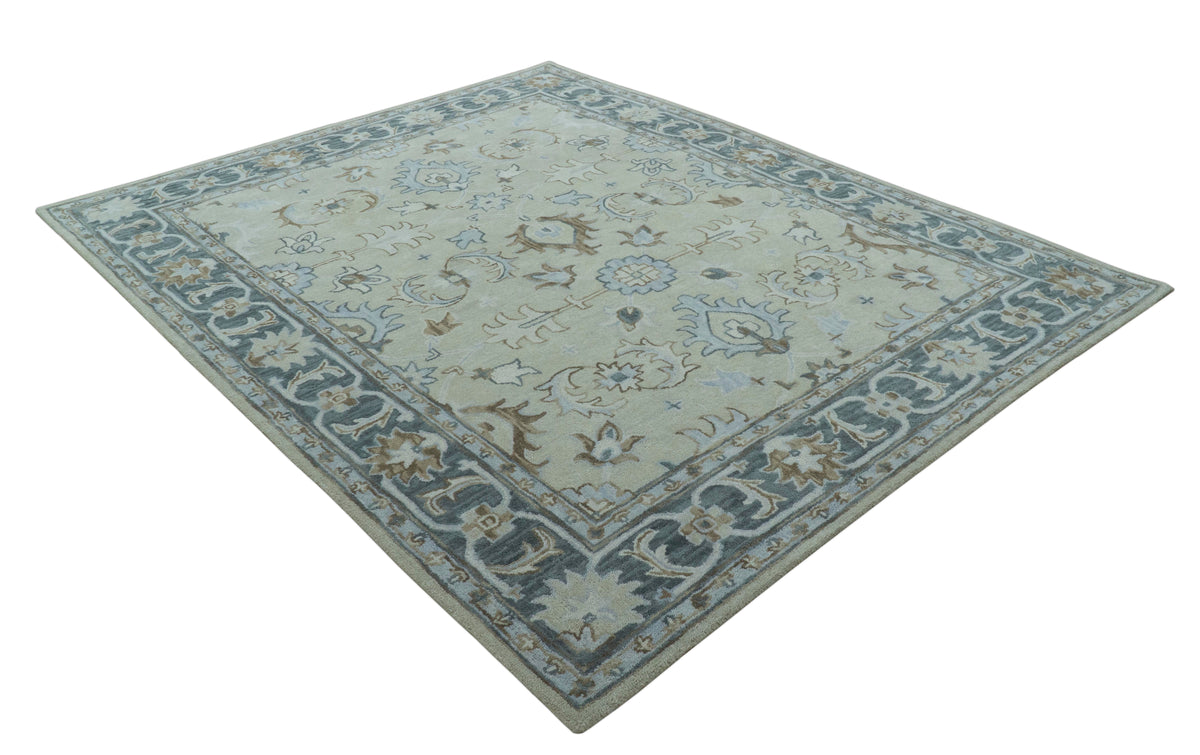 Traditional Oushak Design Beige And Blue Hand Tufted Custom Made Wool Rug.