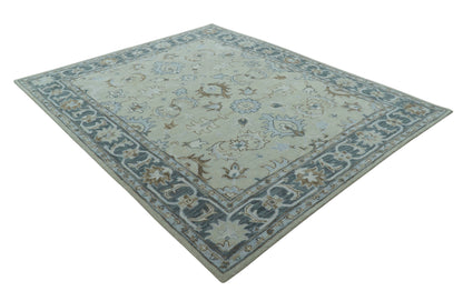 Traditional Oushak Design Beige And Blue Hand Tufted Custom Made Wool Rug.