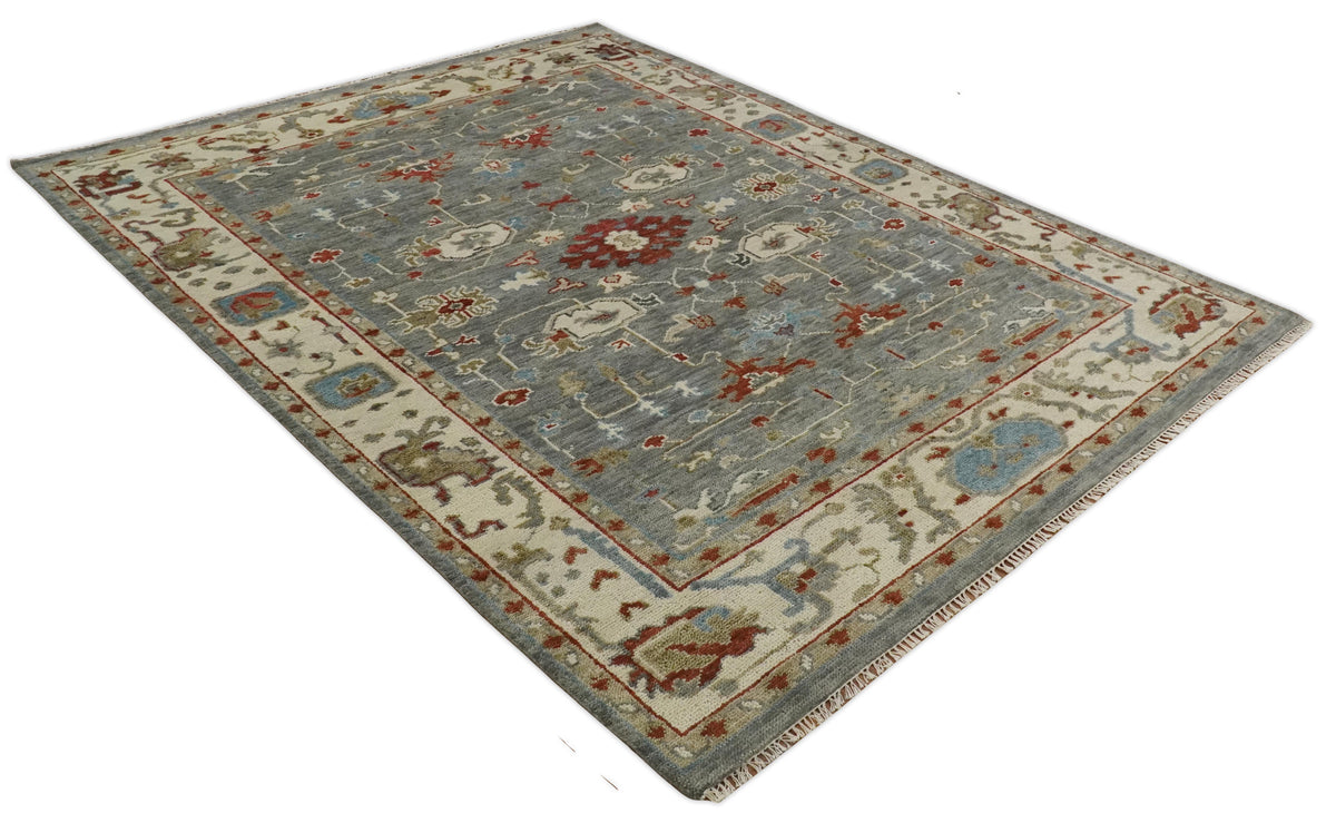 Hand Knotted Gray, Red and Beige Traditional Vintage Style Custom Made Wool Area Rug.