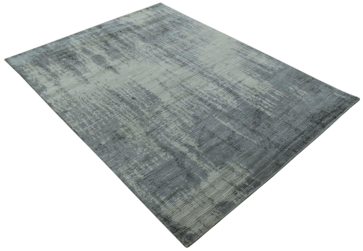 Gray And Silver Modern Abstract Design Hand Knotted Bamboo Silk Area Rug.