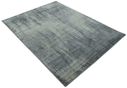 Gray And Silver Modern Abstract Design Hand Knotted Bamboo Silk Area Rug.