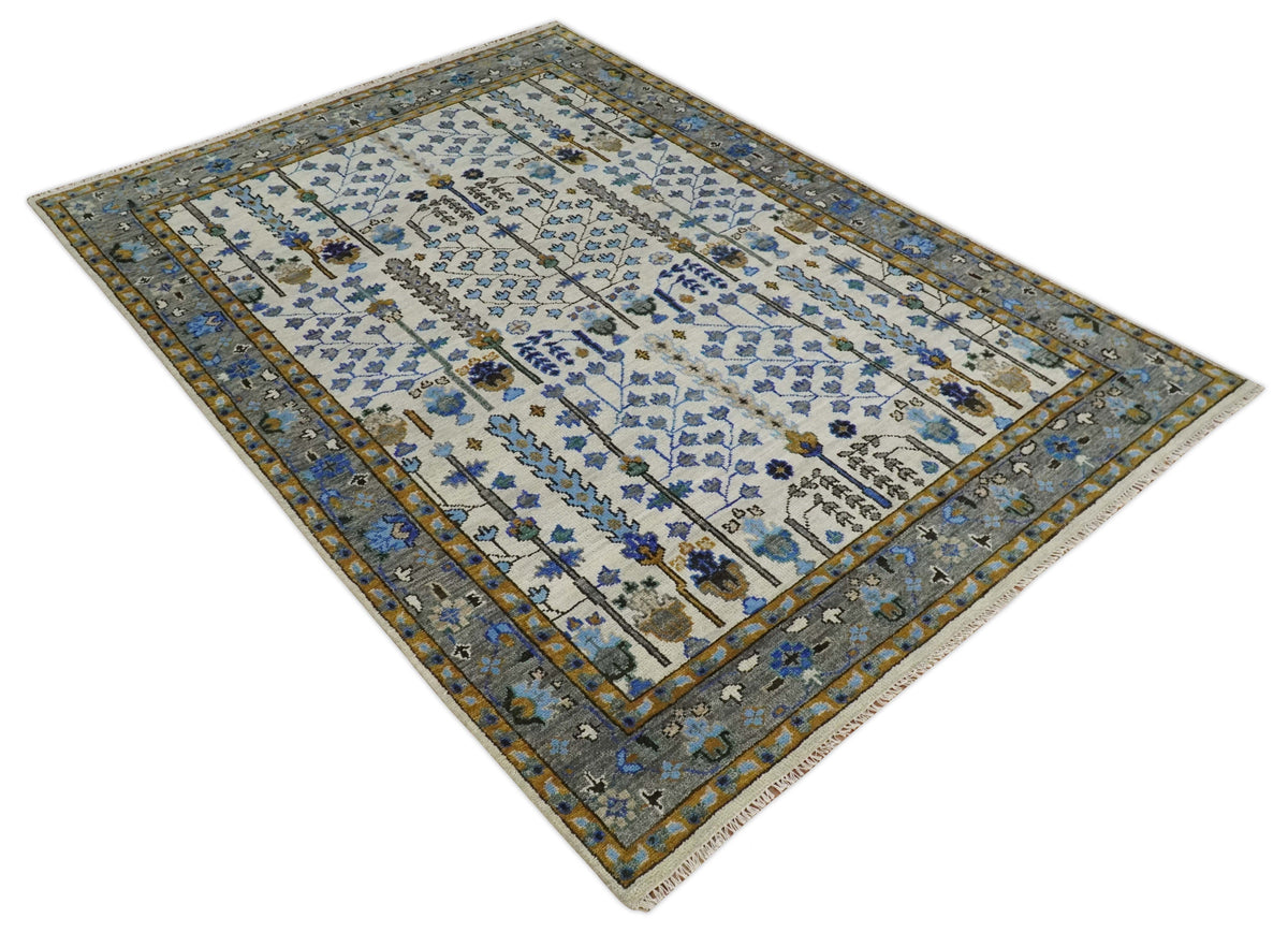 Custom Made Tree of life Hand Knotted Antique Ivory, Blue and Gray Wool area Rug.