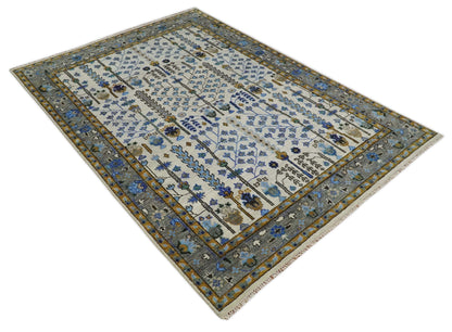Custom Made Tree of life Hand Knotted Antique Ivory, Blue and Gray Wool area Rug.