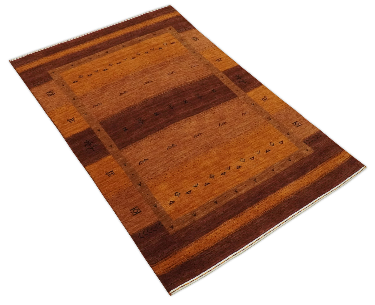 Custom Made geometrical Stripes Design Rust and Brown Hand loom wool Area Rug.