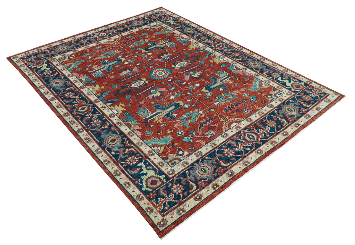 Custom Made Red And Blue Traditional Hand Knotted Wool Rug.