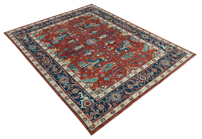 Custom Made Red And Blue Traditional Hand Knotted Wool Rug.