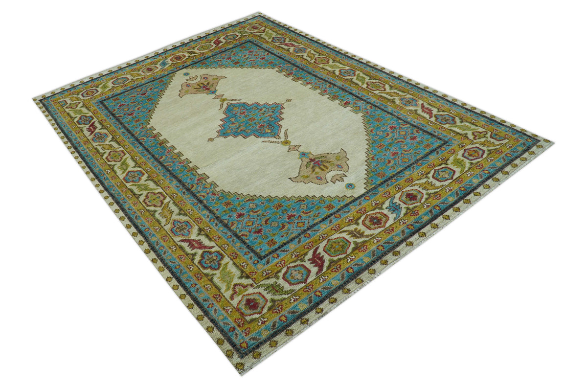 Custom Made Traditional Serapi Design Ivory And Blue Hand Knotted Wool Rug.