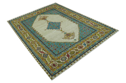 Custom Made Traditional Serapi Design Ivory And Blue Hand Knotted Wool Rug.
