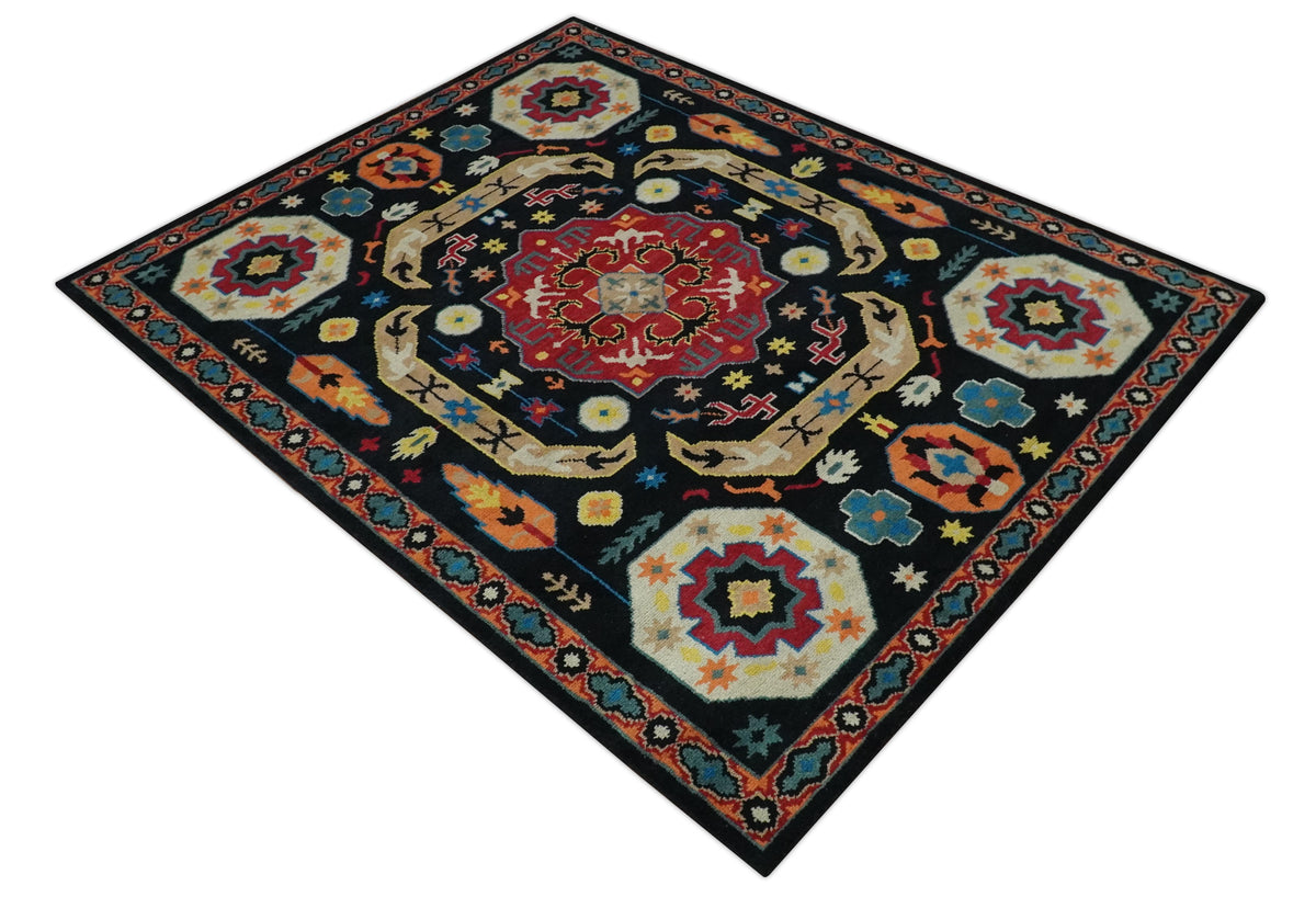 Custom Made Colorful Black, Maroon and Beige Traditional Mamluk Design wool Rug.