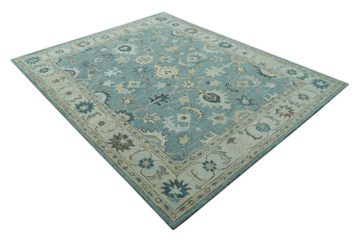 Custom Made Aqua, Ivory and Beige Hand Tufted Oriental Oushak wool area rug.