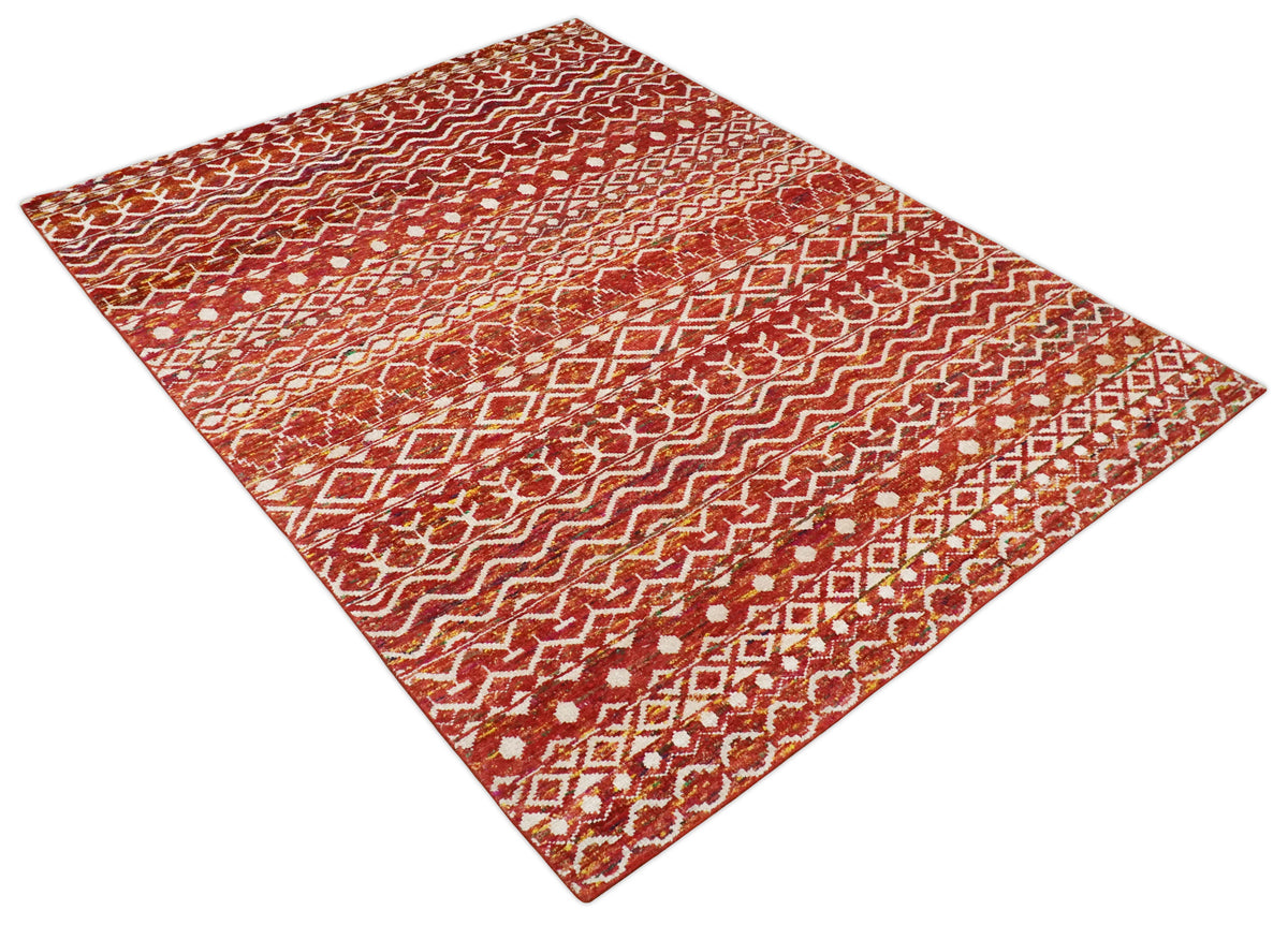 4x6 and 8x10 Hand Knotted Rust, Gold and White Modern Contemporary Southwestern Tribal Trellis Recycled Silk Area Rug.