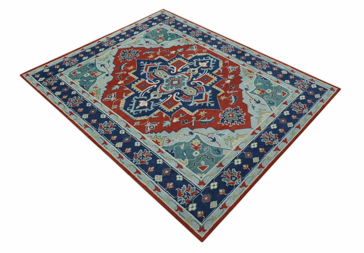 Custom Made Rust, Blue and Silver hand knotted Traditional Heriz wool area rug.