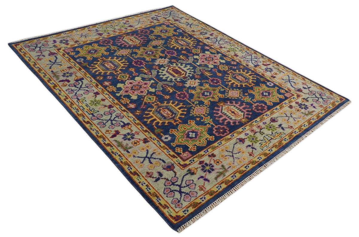 Custom Made Hand Knotted Blue, Gold and Beige Oriental Oushak wool Area Rug.