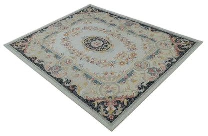 French Design Aubusson Custom Made Ivory, Light Green and Charcoal Hand Tufted wool Area Rug.