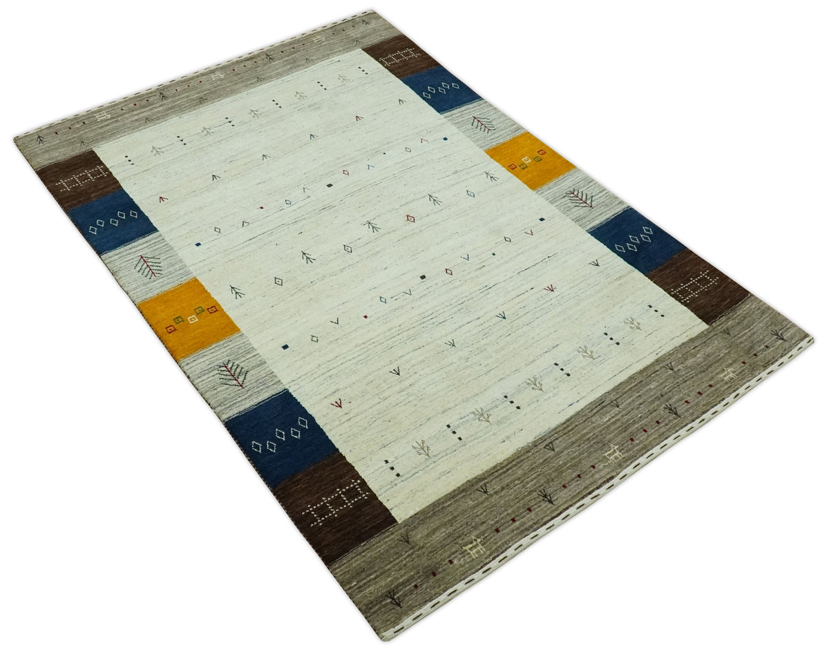 Ivory, Olive, Blue and Charcoal Handloom Tribal Gabbeh Multi Size wool Area Rug.