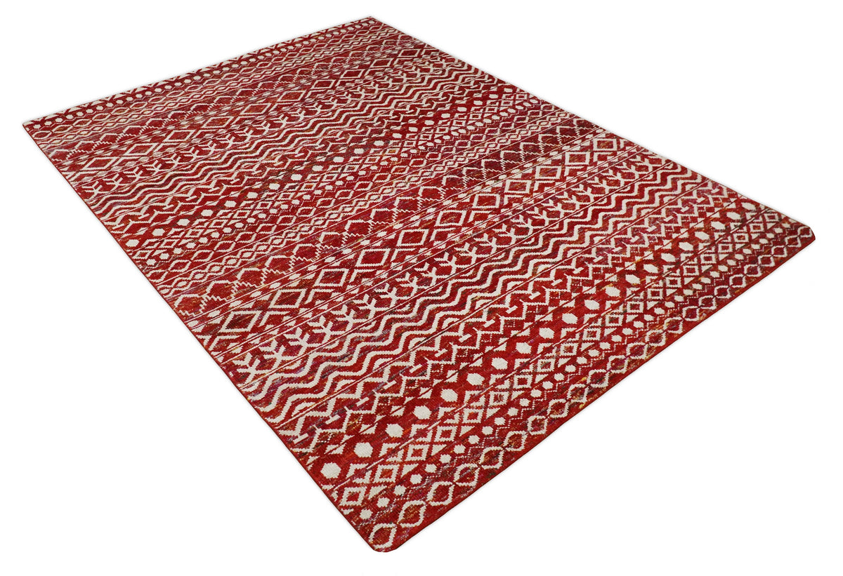 4x6 and 9x12 Hand Knotted Rust and White Modern Contemporary Southwestern Tribal Trellis Recycled Silk Area Rug | OP7.