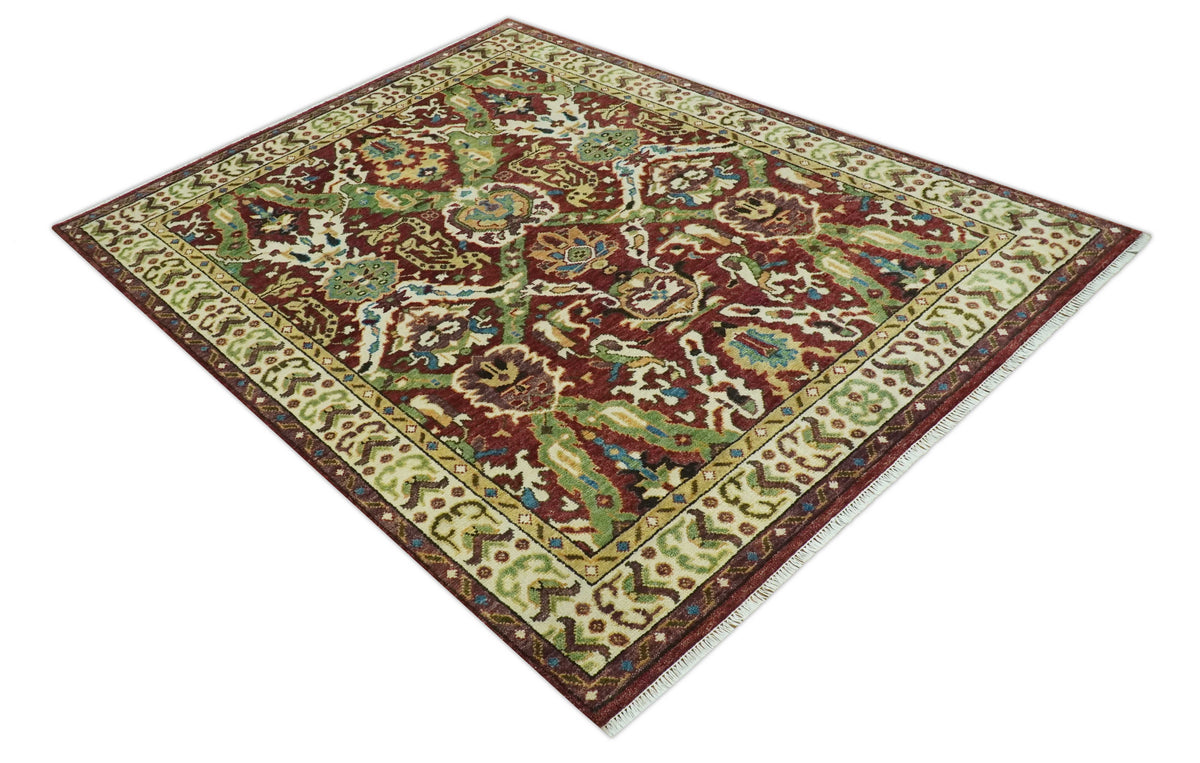 Traditional Large Design Maroon and Green Hand Knotted Custom Made wool area rug.